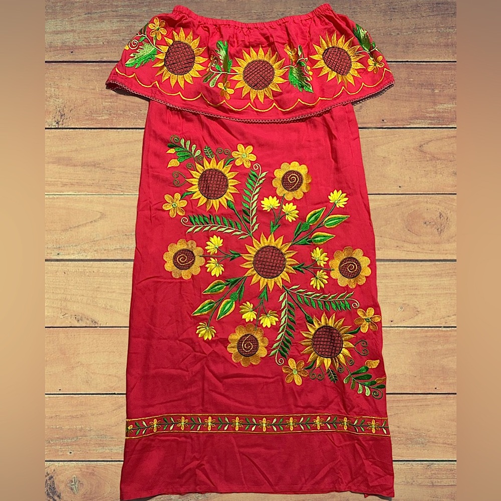 Sunflower Embroidered Off the Shoulder Mexican Dress